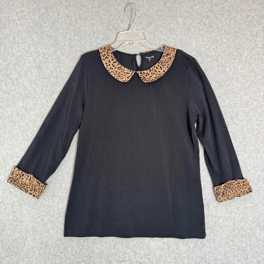 Garnet Hill Black Long Sleeve Top Leopard Animal Print Pan Collar Cuffs Womens M